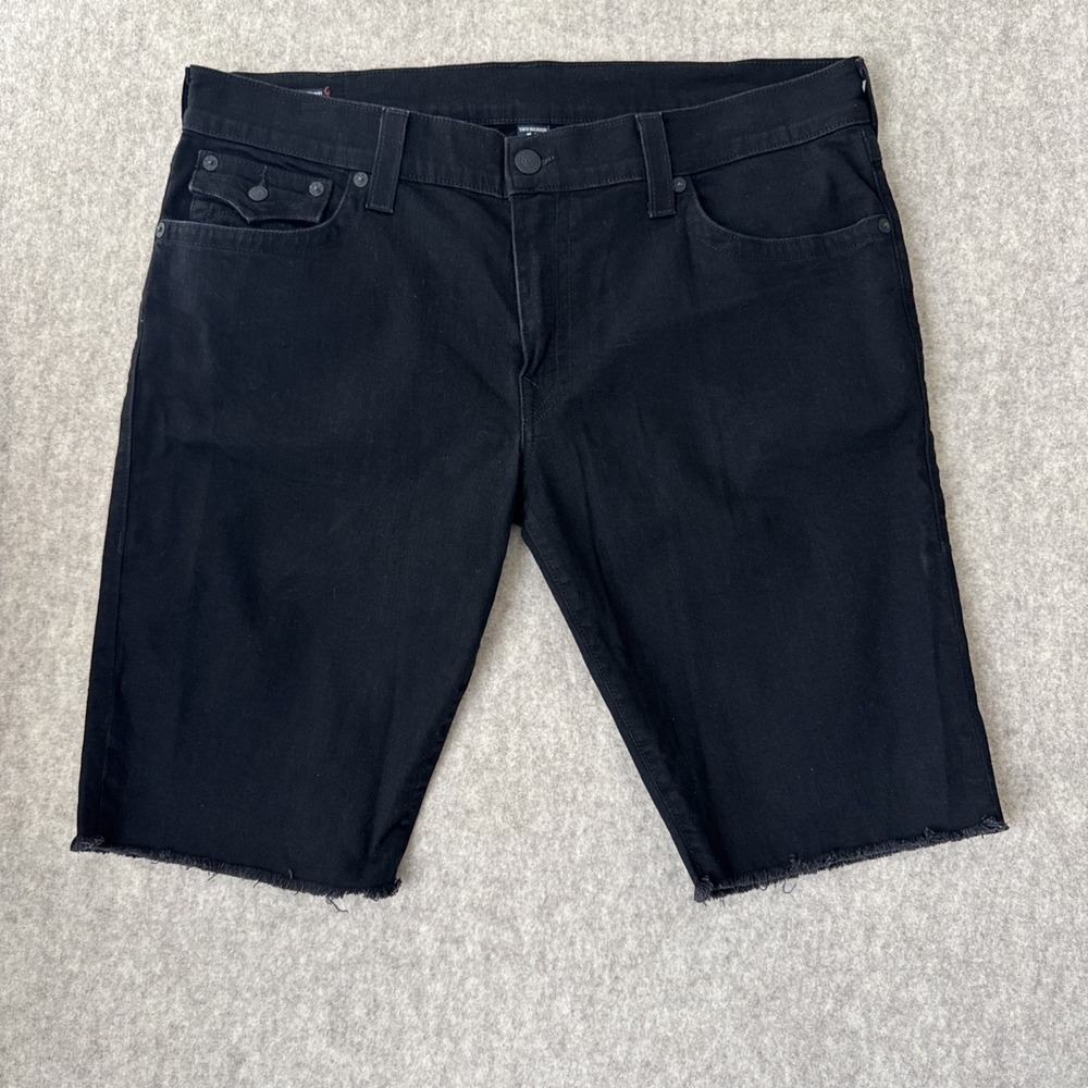 True Religion 12" Ricky Shorts Mens 40 Black Denim Pocket Flap Relaxed Straight